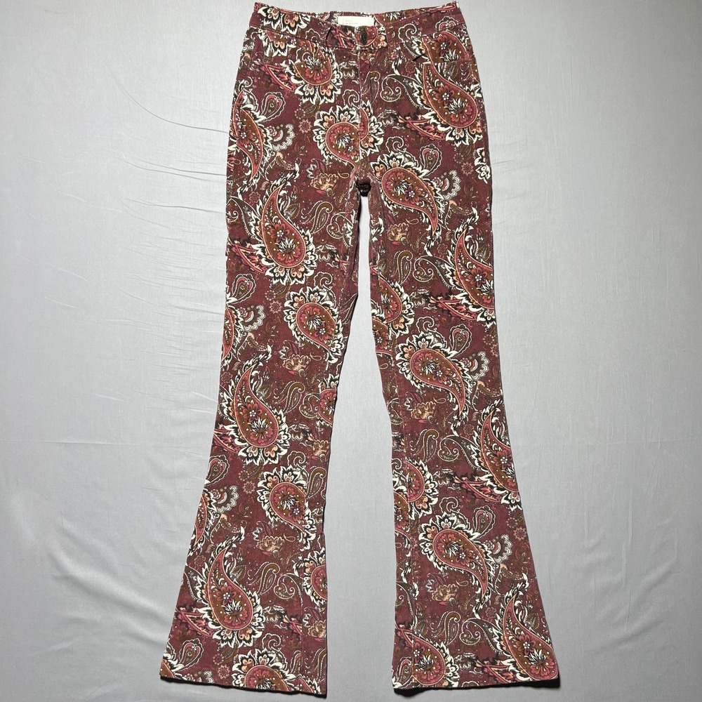 Sterling & Stitch Flare‎ Pants Womens 27x32.5 Brown Paisley Corduroy Boho Retro